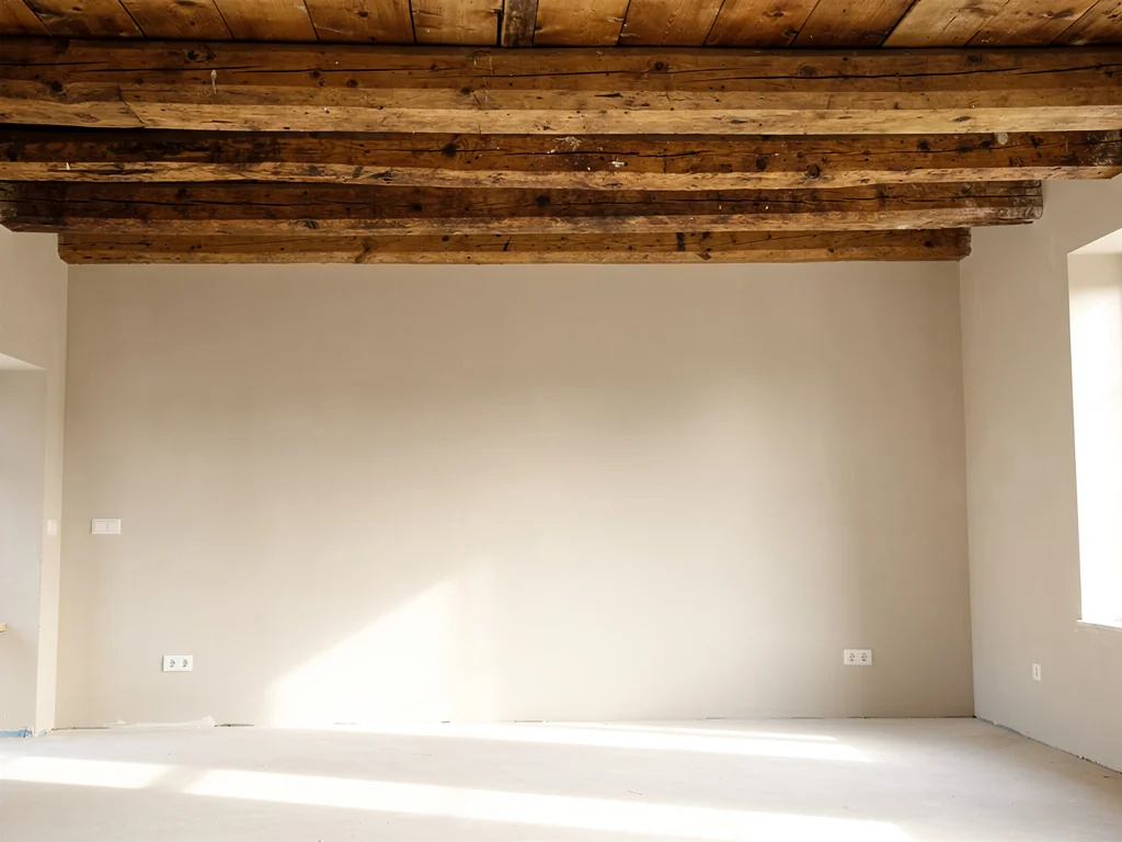 Séjour d'une maison ancienne aux murs doublés et enduits, prêts à peindre