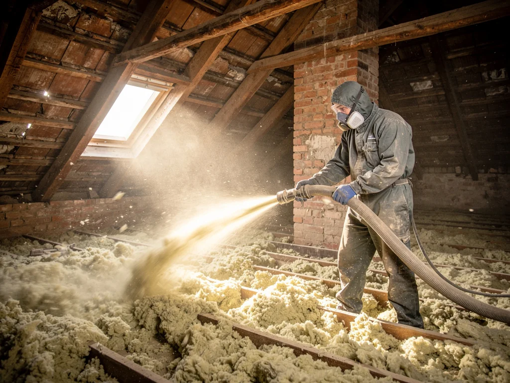 Soufflage de laine dans les combles perdus d'une vieille maison